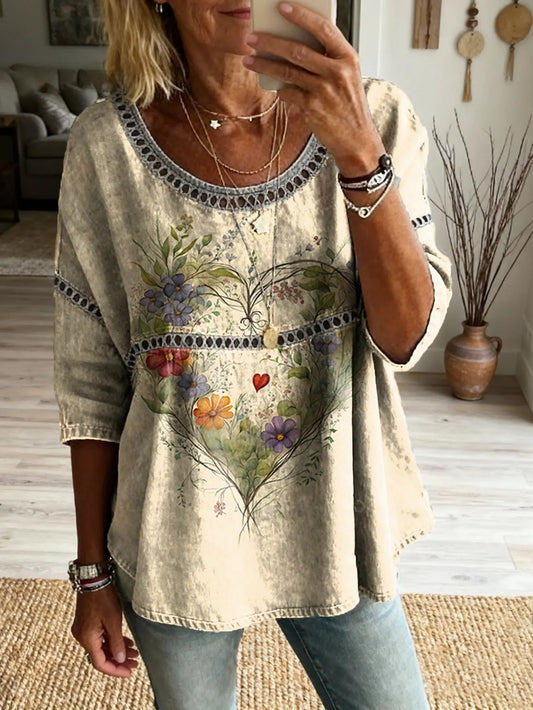 Top décontracté à col rond et lacets, imprimé floral artistique pour femme