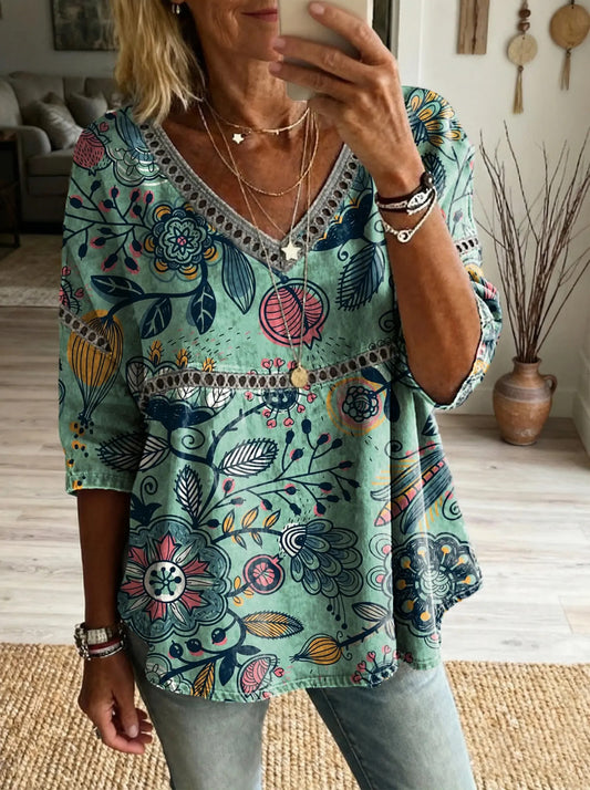 Top décontracté à col en V et lacets, avec imprimé floral artistique pour femme