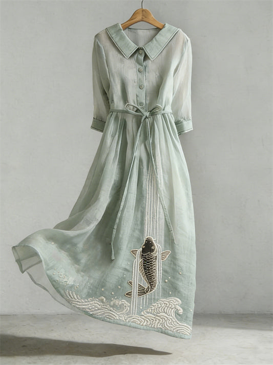 Robe en mélange de lin à motif de broderie Koi Art japonais pour femmes