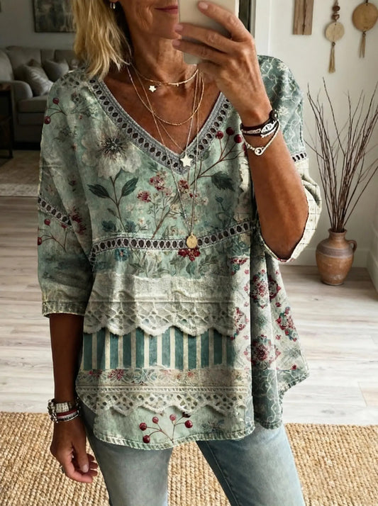 Motif floral imprimé art décontracté col en V Top à lacets pour femmes