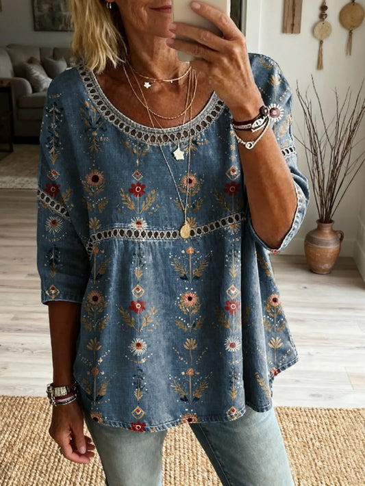 Motif floral Art Print Casual col rond à lacets Top des femmes