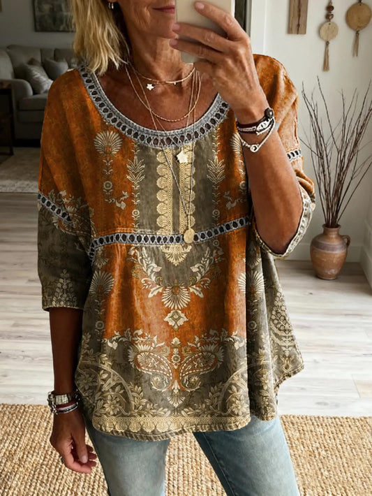 Motif floral Art Print Casual col rond à lacets Top des femmes