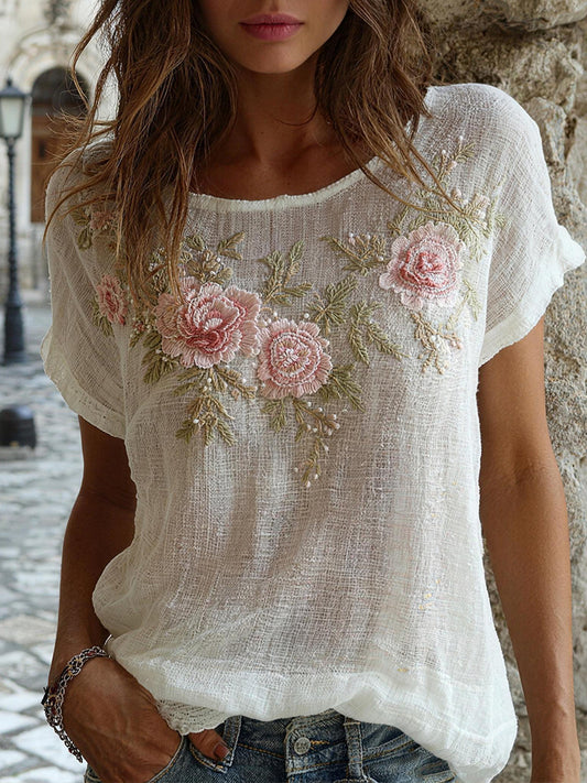 Chemise pour femme en mélange de lin à motif floral brodé