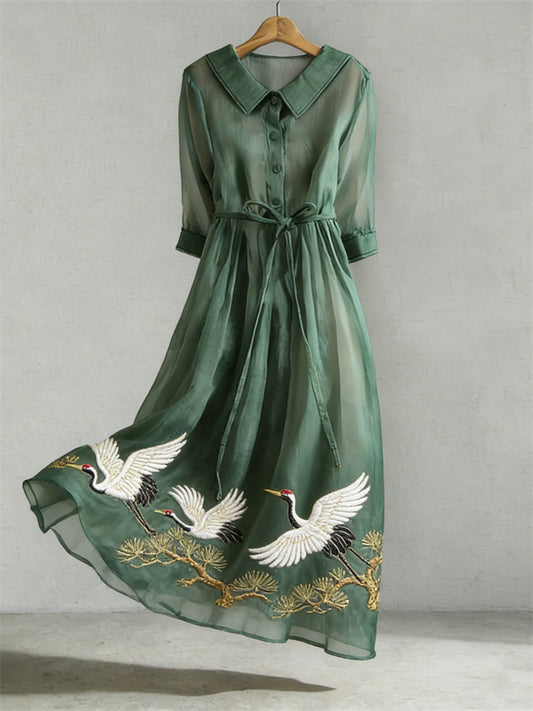 Robe en mélange de lin à motif de broderie de grue pour femmes