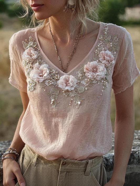 Chemise en mélange de lin à motif floral pour femmes
