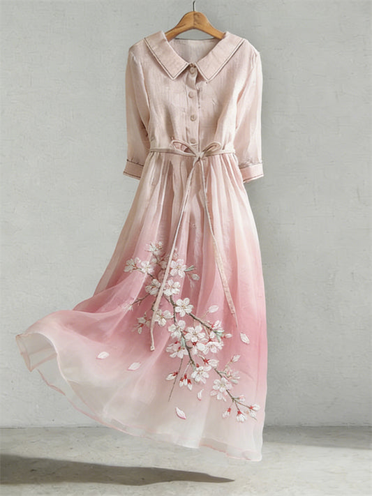 Robe en mélange de lin à motif de broderie de fleurs de cerisier pour femmes