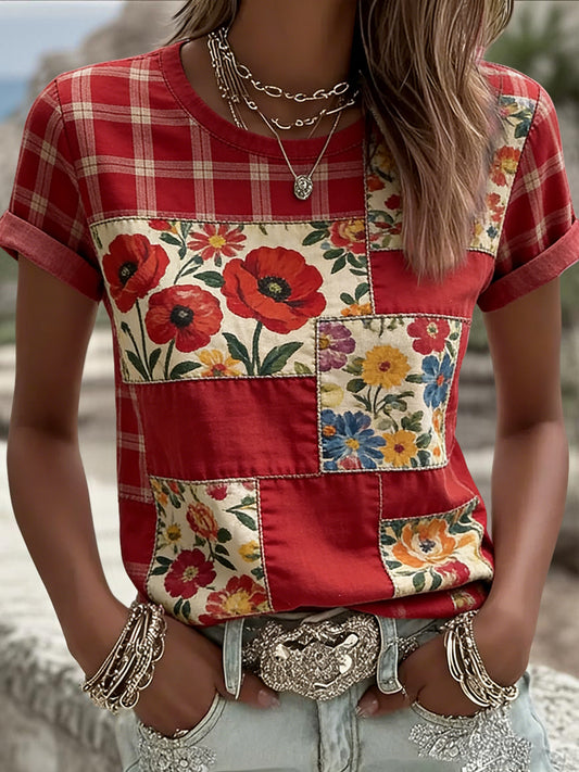 Women's Vintage VE Day Poppy Floral Patchwork Casual T-Shirt