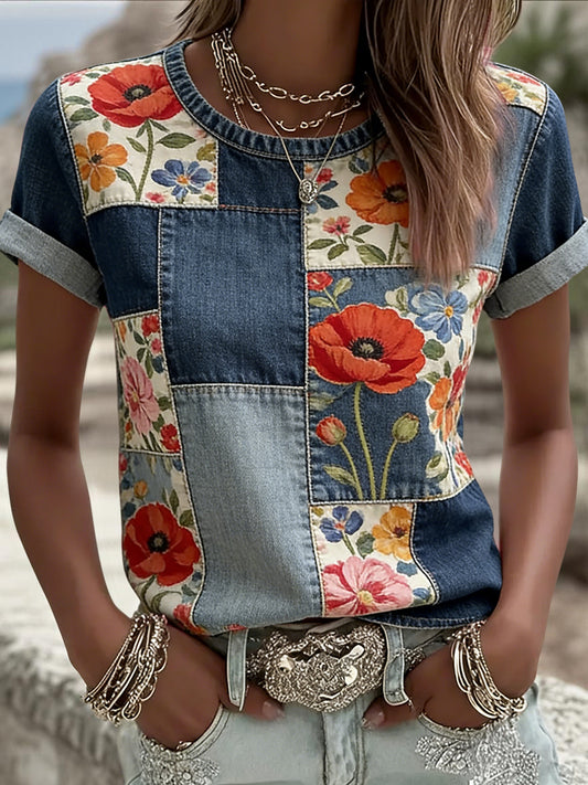 Women's Vintage VE Day Poppy Patchwork Casual T-Shirt