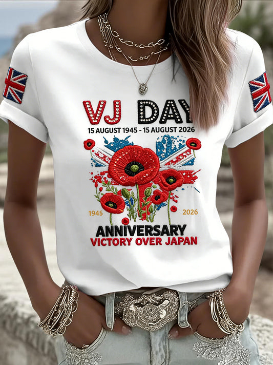 Women's Vintage Abstract VE Day Poppy Commemorative Casual T-Shirt