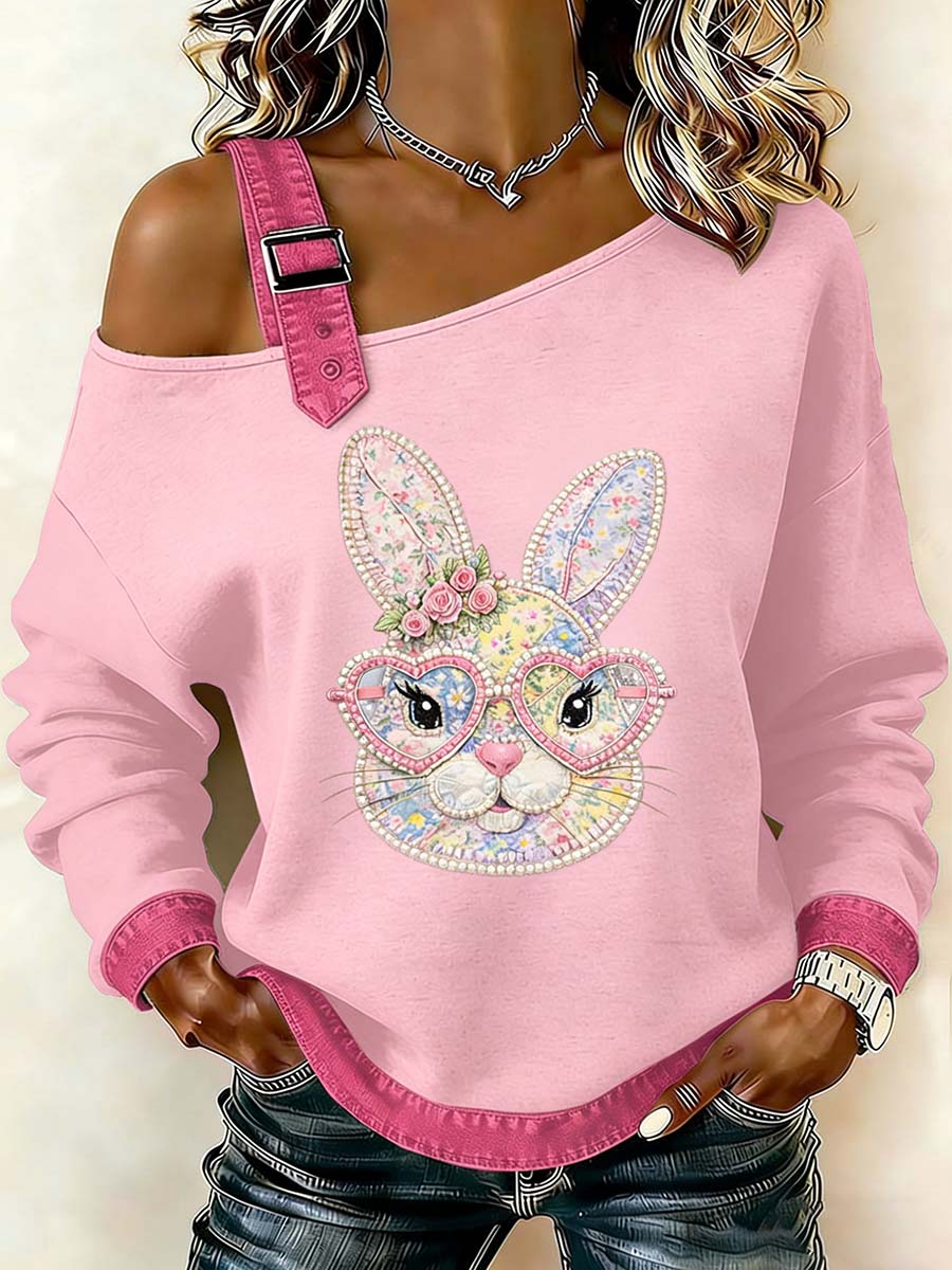Sweat-shirt décontracté à épaules dénudées avec imprimé lapin de Pâques pour femmes