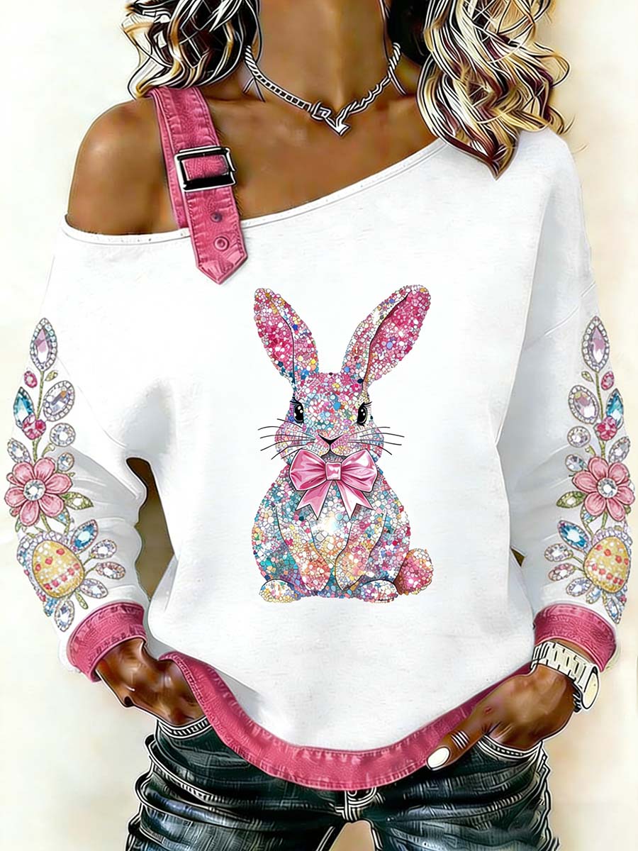 Sweat-shirt décontracté à épaules dénudées pour femme, motif lapin de Pâques, style fantaisie