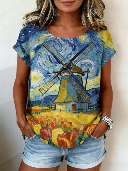 Peinture à l'huile rétro ciel étoilé moulin à vent Tulipe Print Casual chemise à manches courtes