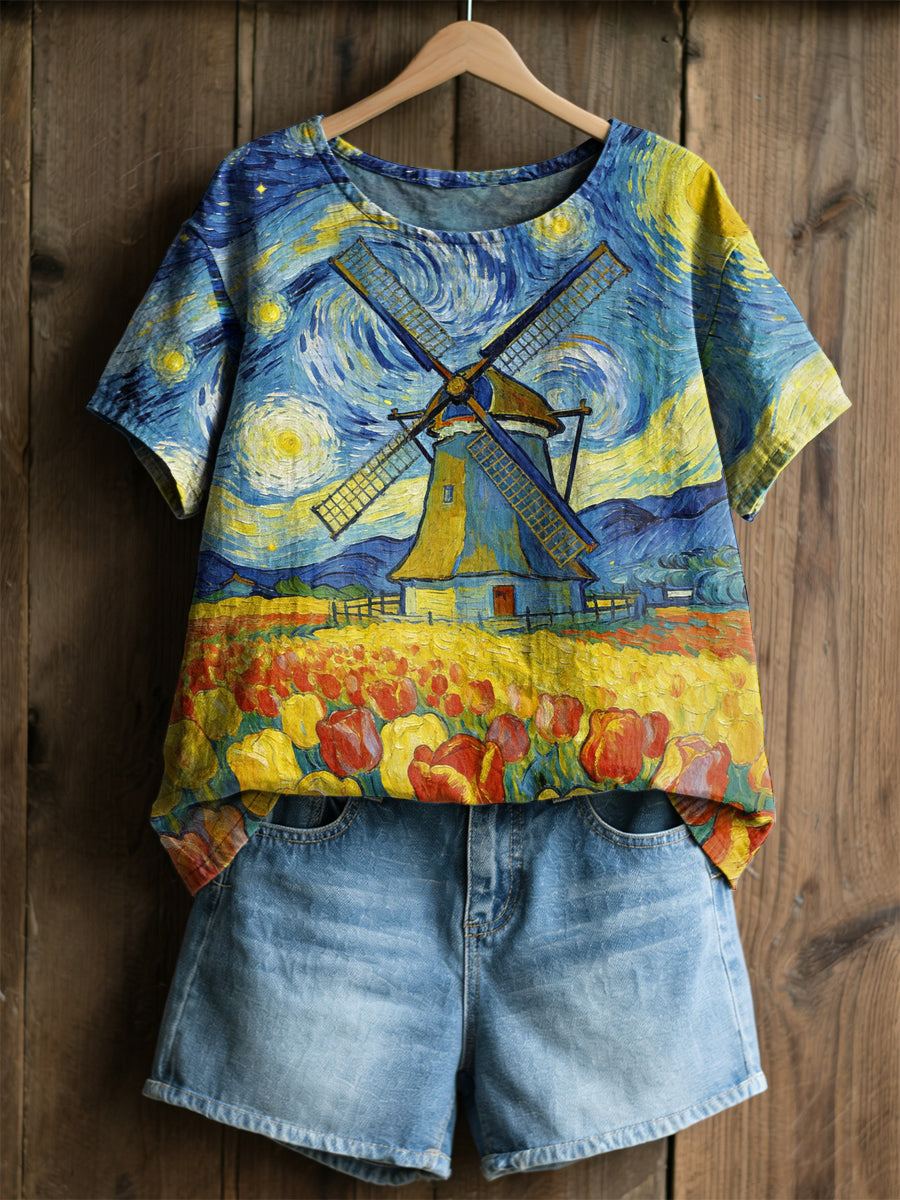 Peinture à l'huile rétro ciel étoilé moulin à vent Tulipe Print Casual chemise à manches courtes