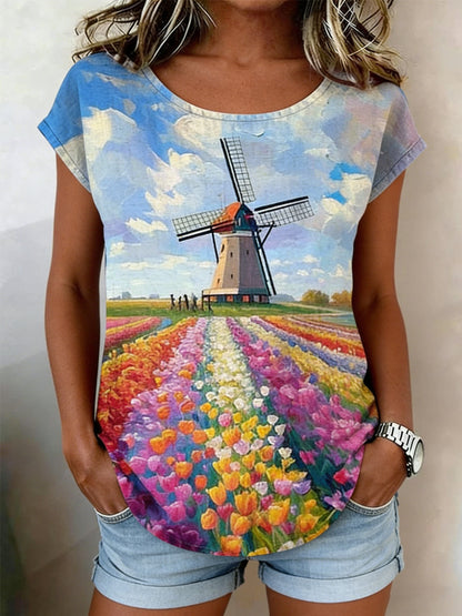 Chemise décontractée à manches courtes à imprimé tulipe moulin à vent pour femmes