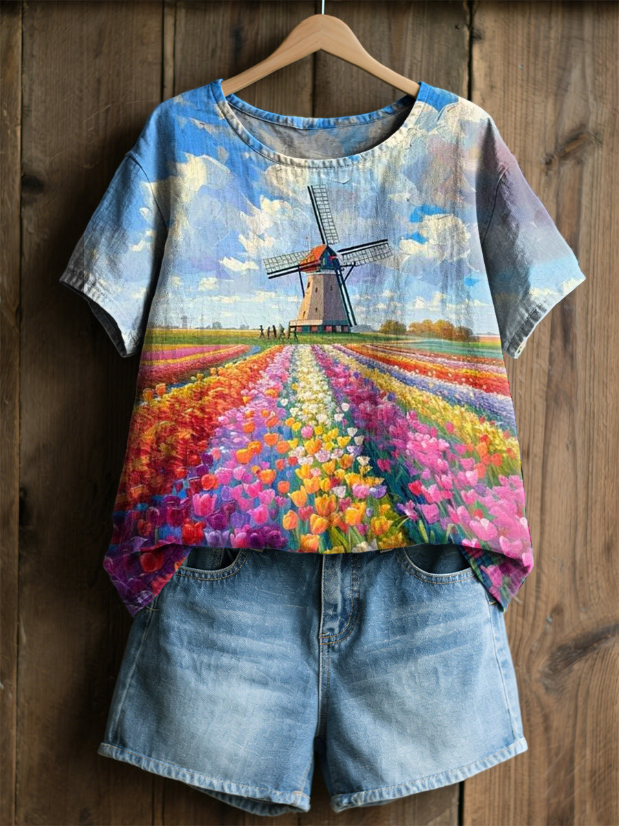 Chemise décontractée à manches courtes à imprimé tulipe moulin à vent pour femmes