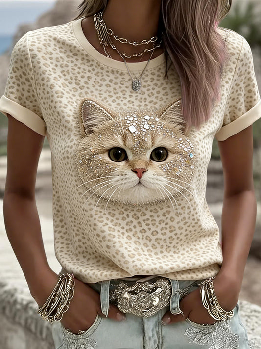 Vintage Leopard Print Cat Art T-shirt décontracté des femmes