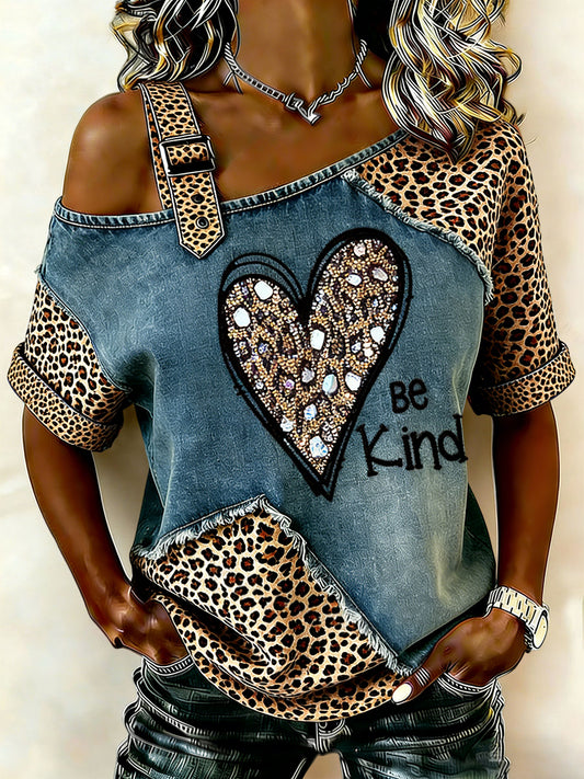 T-shirt décontracté vintage pour femmes, à épaules dénudées, en patchwork avec imprimé léopard et cœur