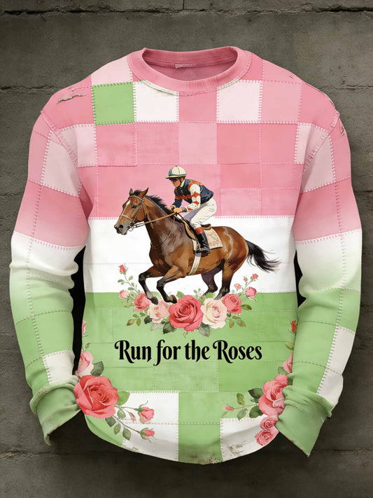 Sweat-shirt décontracté vintage pour hommes avec imprimé de course de chevaux