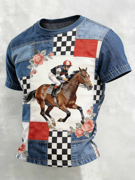 T-shirt décontracté à imprimé de courses de chevaux vintage pour hommes