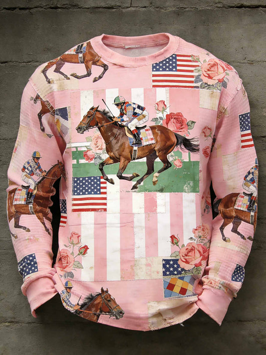 Sweat-shirt décontracté imprimé de courses de chevaux vintage pour hommes