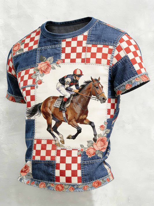 T-shirt décontracté vintage pour hommes avec imprimé de course de chevaux