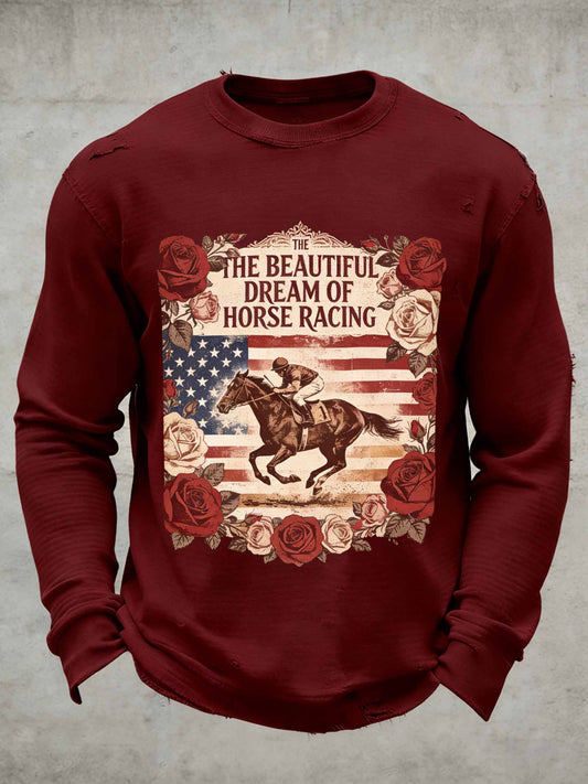 Sweat-shirt décontracté imprimé de courses de chevaux vintage pour hommes