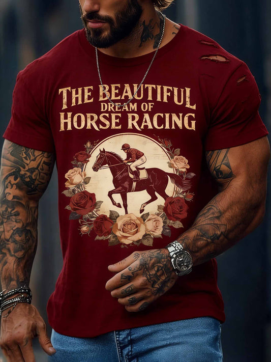 T-shirt décontracté vintage pour hommes avec imprimé de course de chevaux