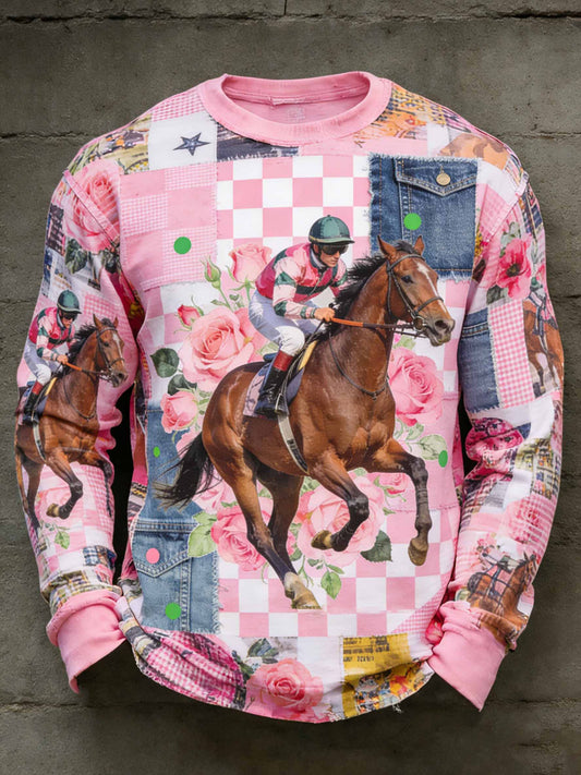 Sweat-shirt décontracté vintage pour hommes avec imprimé de course de chevaux
