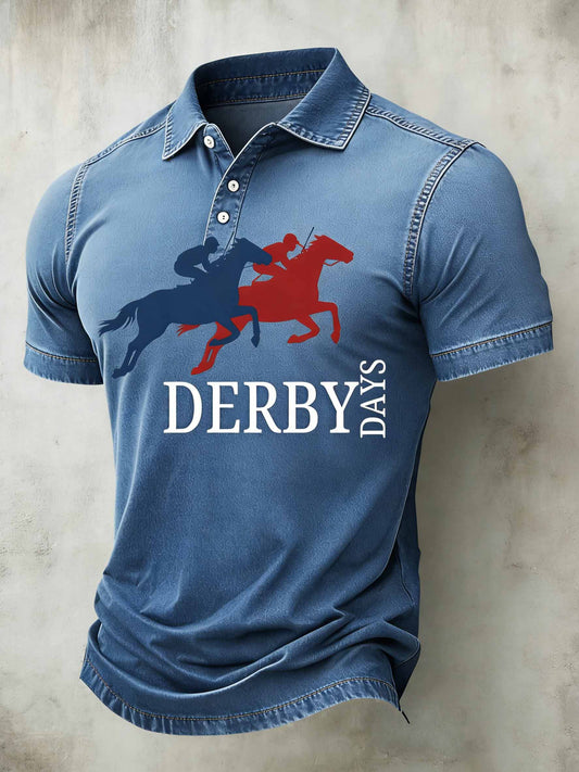 Polo décontracté à imprimé de courses de chevaux vintage pour hommes
