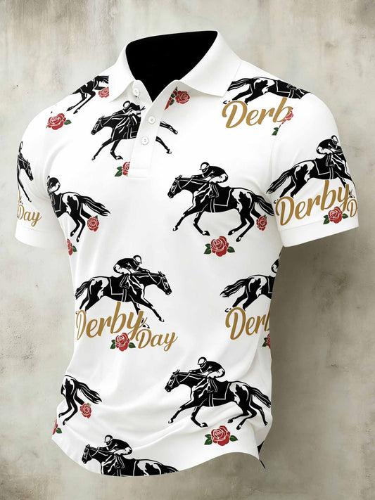 Polo décontracté vintage pour hommes avec imprimé de course de chevaux