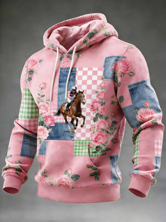 Sweat-shirt décontracté imprimé de courses de chevaux vintage pour hommes