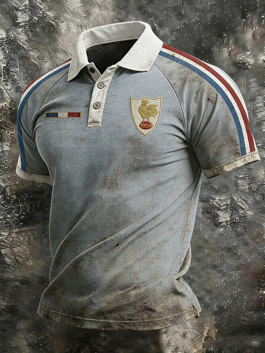 Chemise de rugby pour hommes, France, à trois boutons, manches longues