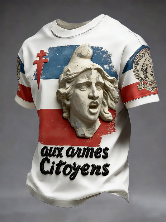 T-shirt décontracté pour hommes avec impression de l'hymne national français et d'une sculpture