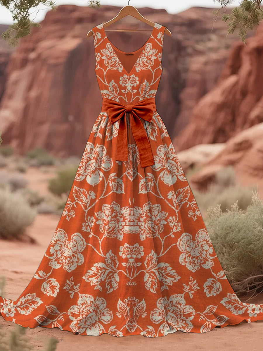 Rétro Boho Floral Art Imprimer V-cou sans manches coton Maxi Dress