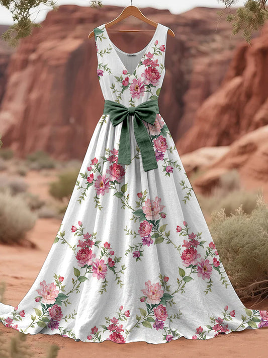 Robe maxi en coton sans manches, col en V, imprimé floral bohème rétro