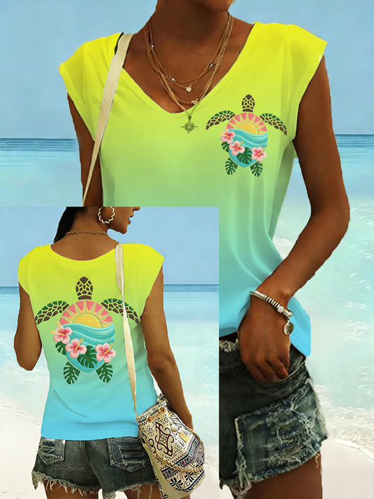 T-shirt sans manches décontracté imprimé tortue de mer pour femmes