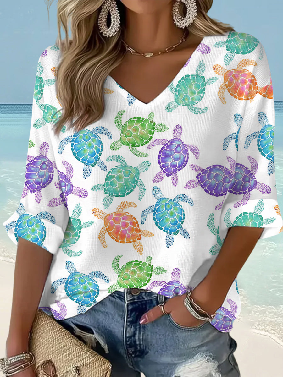 Femmes Mignon Tortues De Mer Imprimé Décontracté Gaufre Col V