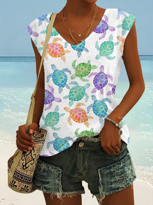T-shirt sans manches décontracté imprimé tortues de mer pour femmes