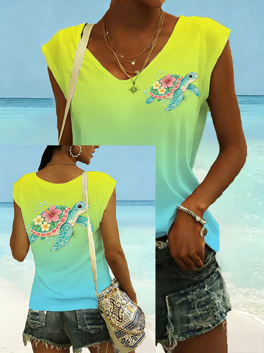 T-shirt décontracté sans manches pour femme, imprimé fleurs et tortues marines