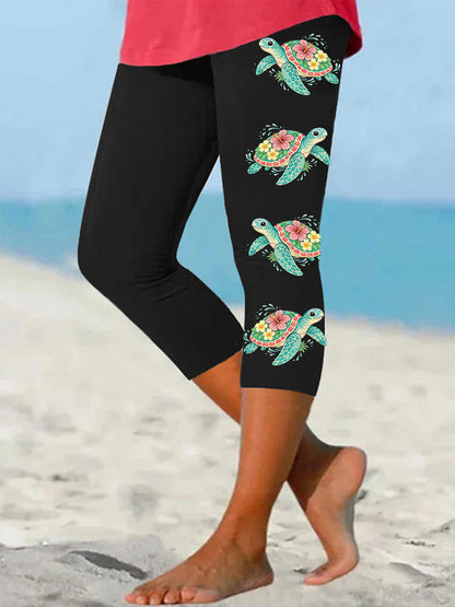 Femmes Floral Sea Turtle Print Casual Cropped Leggings