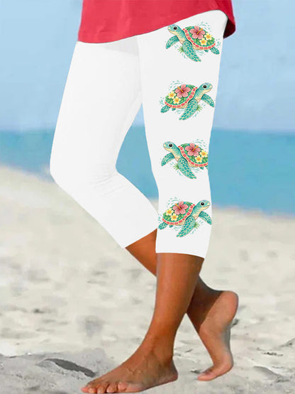 Femmes Floral Sea Turtle Print Casual Cropped Leggings