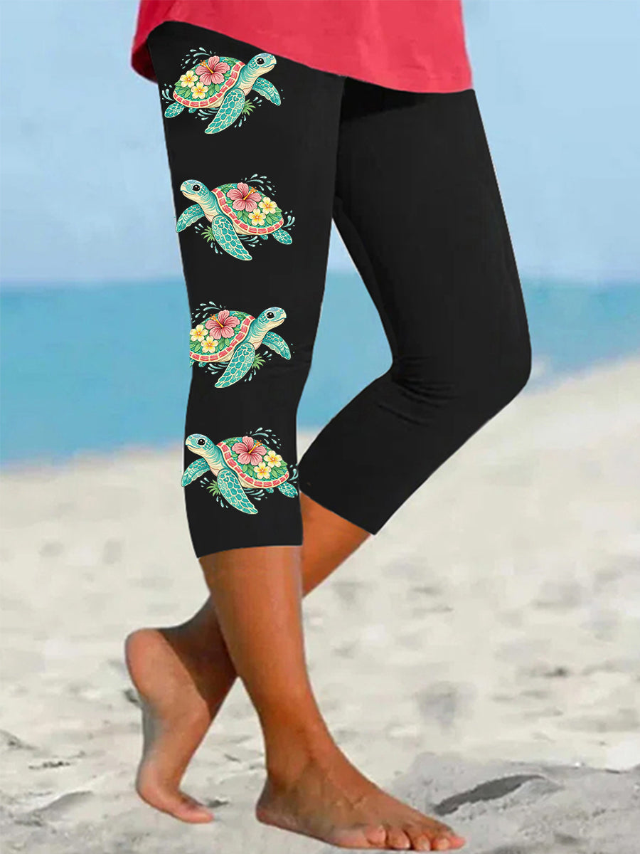 Femmes Floral Sea Turtle Print Casual Cropped Leggings