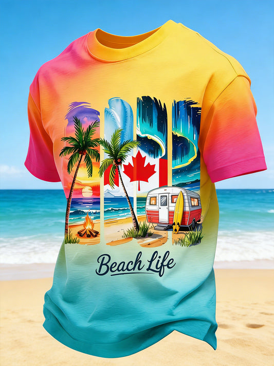 T-shirt imprimé style vacances à la plage pour hommes