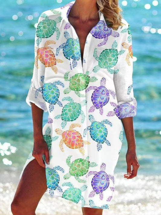 Chemise mi-longue décontractée à imprimé tortue de mer pour femmes
