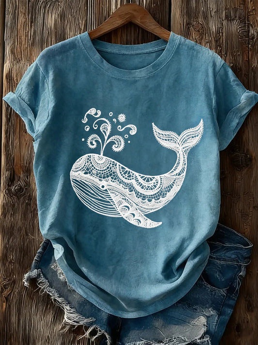 T-shirt élégant en dentelle Patchwork Art Whale Pattern pour femmes