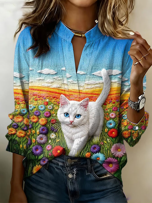 Chemise longue à manches longues en lin pour femmes, imprimé fleurs sur le thème des chats, amusant