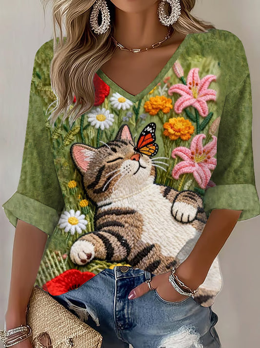 T-shirt en gaufre pour femmes, amusant, à motif de chats et fleurs