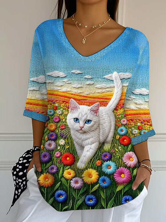 Haut amusant pour femme à imprimé fleurs et motifs chats