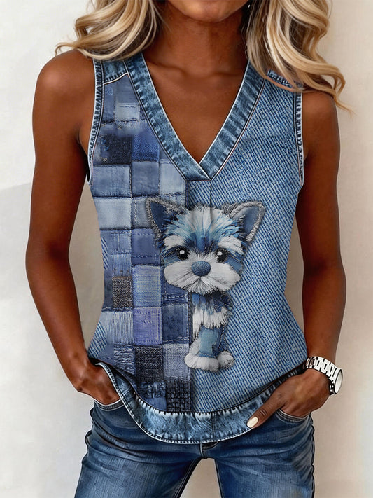 Gilet en denim à col en V pour femmes, motif animalier