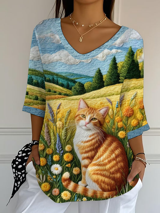 Haut amusant pour femme à imprimé fleurs et motifs chats